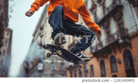 A person riding a skateboard on a busy city street, a skateboarder mid-air 126140403