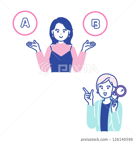 Illustration set of a woman comparing two things and a woman holding a magnifying glass Illustration set of a woman comparing two things and a woman holding a magnifying glass 126140598