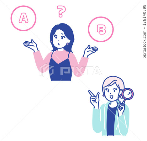 插圖集：一個女人比較兩件事和一個女人拿著放大鏡 126140599