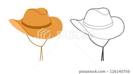 Cowboy Hat with Toggle Chin Strap. Head Fashion accessory cap with wide brim clothing technical illustration. 126140708