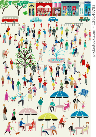 手繪插畫的復古城市公園裡的人們 126140782