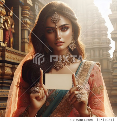 Young Indian girl with traditional clothing holding blank sign with Generative AI. Young Indian girl with traditional clothing holding blank sign with Generative AI. 126140851