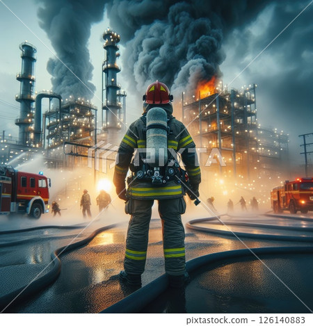 Firefighter in Blaze with Generative AI. 126140883