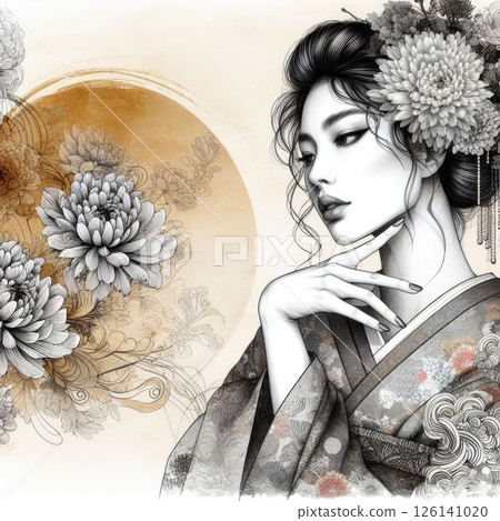 Ethereal Beauty Amidst Blooming flowers with Japanese kimono girl with Generative AI. 126141020