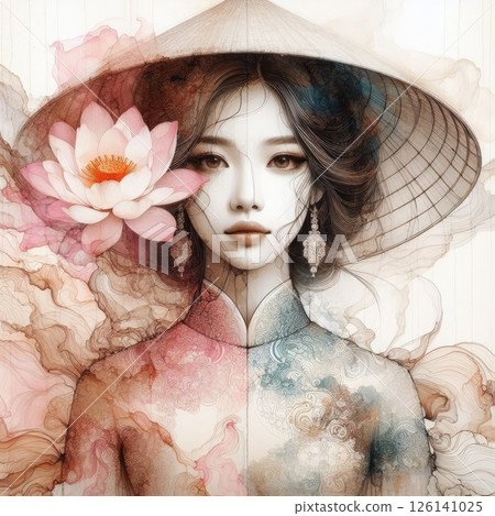 Ethereal Beauty Amidst Blooming Lotus with vietnamese girl with Generative AI. 126141025