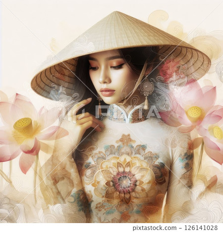 Ethereal Beauty Amidst Blooming Lotus with vietnamese girl with Generative AI. 126141028