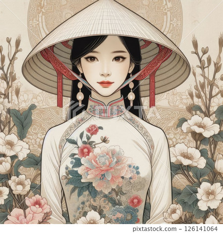 Vietnamese beauty elegant Figure Amidst a Floral Fantasy with Generative AI. Vietnamese beauty elegant Figure Amidst a Floral Fantasy with Generative AI. 126141064
