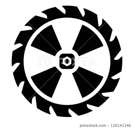 Black chainsaw disk icon. Sawing tool. 126141146