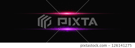 Light beams. Pink and purple glowing horizontal lasers with sparkling particles on dark background. Bright stripes for technology, energy or futuristic theme. Vector Illustration Light beams. Pink and purple glowing horizontal lasers with sparkling particles on dark background. Bright stripes for technology, energy or futuristic theme. Vector Illustration 126141275