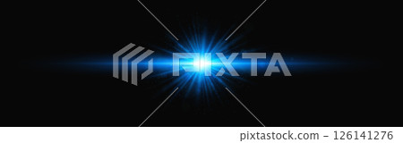 Blue glow. Light burst with dynamic rays and flare effect on dark background. Bright beams for technology, space or sci-fi theme. Vector Illustration 126141276