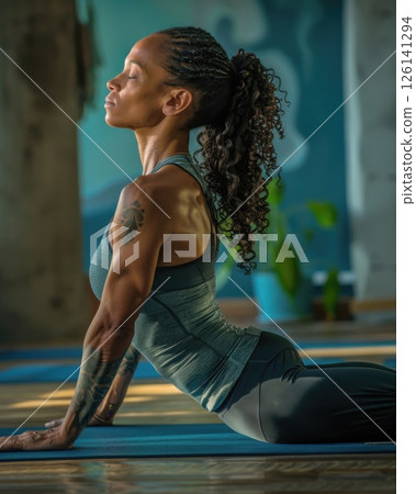 On her yoga mat, a African American woman effortlessly transitions into a pose, illustrating the beauty of movement and inner focus. 126141294