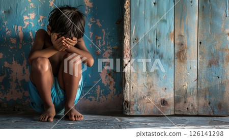 Leaning against the door, a child cries softly, head in hands, capturing the raw emotions of sadness and despair. 126141298