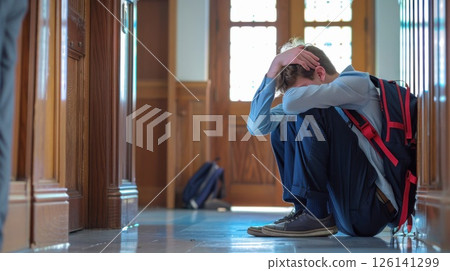 In the hallway, a crying schoolboy embodies the silent struggle many face, highlighting the urgent issue of school bullying. 126141299