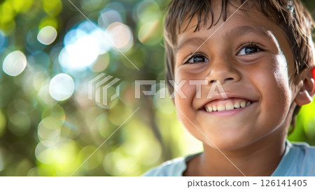 A joyful autistic child laughing with pure delight, his face glowing with warmth and innocence. 126141405