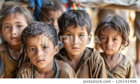 A group of little sad children sit together, their expressions reflecting the struggles of poverty and hardship. 126141406
