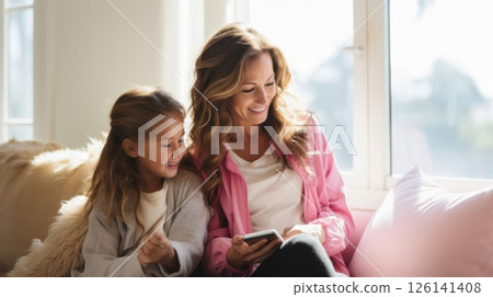 Snuggled on a soft couch, mother and daughter enjoy shared screen time, their expressions reflecting joy and connection. Snuggled on a soft couch, mother and daughter enjoy shared screen time, their expressions reflecting joy and connection. 126141408