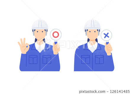一名身穿工作服的婦女。戴著安全帽的工人用真假卡來判斷。兩組上身插圖。 126141485