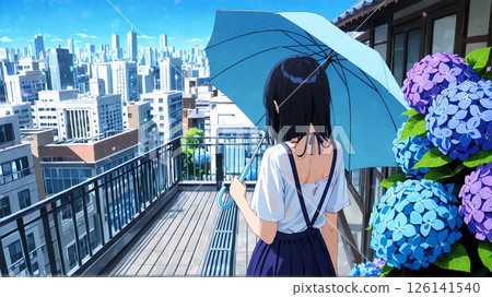 Back view of a woman holding an umbrella on the balcony Back view of a woman holding an umbrella on the balcony 126141540