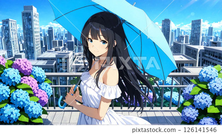 A woman holding an umbrella on the roof of a building 126141546