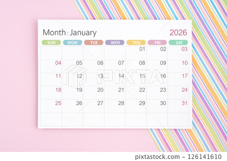 January 2026 calendar page on pink and rainbow background. 126141610