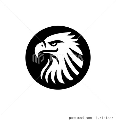 Stylized eagle head logo in a circle, bold, isolated on a white background. A stylized graphic of an eagle's head, rendered in a simple black and white design. 126141827