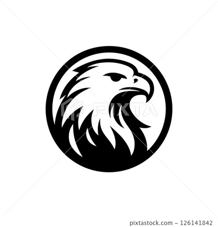 Stylized eagle head logo in a circle, bold, isolated on a white background. A stylized graphic of an eagle's head, rendered in a simple black and white design. 126141842
