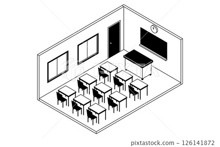 簡單可愛的等距線描插圖，描繪了一間學校教室，裡面有黑板、老師的辦公桌以及桌椅 126141872