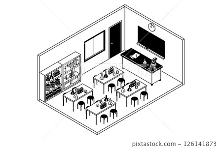 學校科學實驗室的簡單可愛的等距線繪圖例,其中排列著科學實驗設備 學校科學實驗室的簡單可愛的等距線繪圖例,其中排列著科學實驗設備 126141873