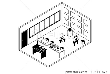 A simple and cute isometric line drawing illustration of a school art room where a geometric drawing class is held 126141874
