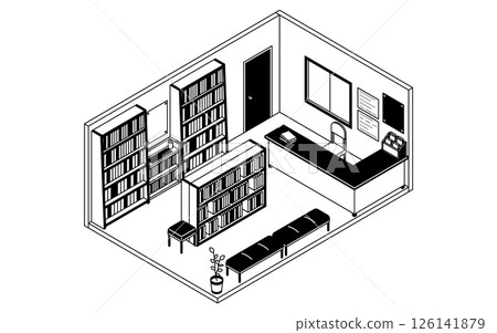 A simple and cute isometric line drawing illustration of a school library with bookshelves 126141879