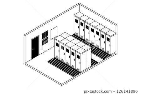 A simple and cute isometric line drawing illustration of a school changing room with lockers 126141880