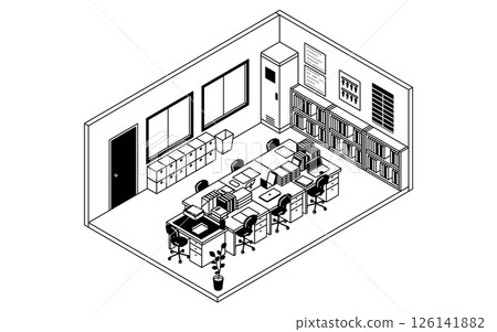 簡單可愛的等距線繪圖例，描繪了學校教職員室和教師辦公桌 126141882