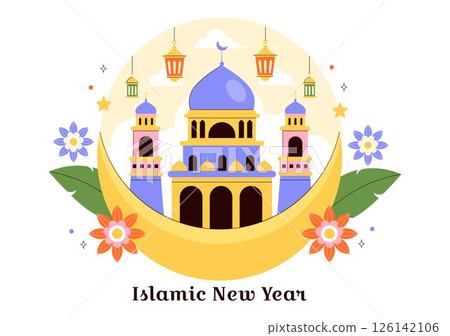 Happy 1 Muharram Vector Illustration of Celebrating the Islamic New Year with Mosque, Crescent Moon, and Lantern in a Flat Style Cartoon Background 126142106