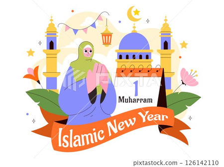Happy 1 Muharram Vector Illustration of Celebrating the Islamic New Year with Mosque, Crescent Moon, and Lantern in a Flat Style Cartoon Background 126142110
