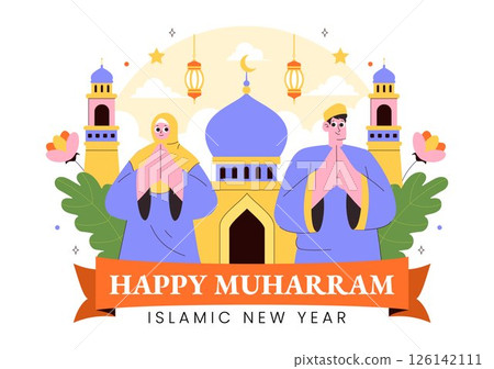 Happy 1 Muharram Vector Illustration of Celebrating the Islamic New Year with Mosque, Crescent Moon, and Lantern in a Flat Style Cartoon Background Happy 1 Muharram Vector Illustration of Celebrating the Islamic New Year with Mosque, Crescent Moon, and Lantern in a Flat Style Cartoon Background 126142111