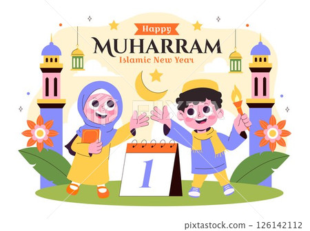 Happy 1 Muharram Vector Illustration of Celebrating the Islamic New Year with Mosque, Crescent Moon, and Lantern in a Flat Style Cartoon Background 126142112