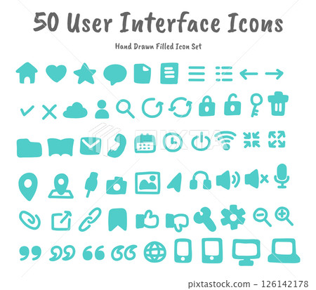 Set of 50 hand drawn user interface solid icons Set of 50 hand drawn user interface solid icons 126142178