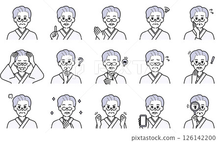Illustration set of casual elderly women expressing emotions through facial expressions and poses 126142200