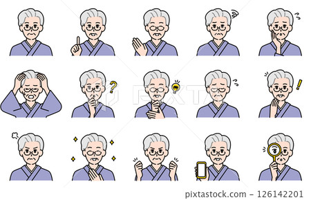 Illustration set of casual elderly women expressing emotions through facial expressions and poses 126142201