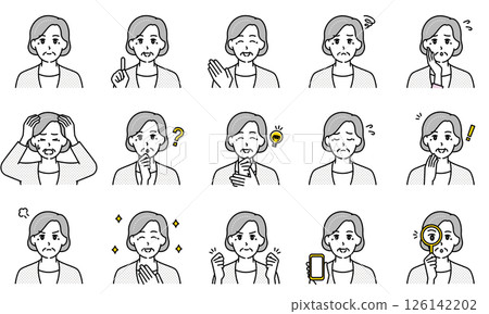 一群休閒老年婦女透過臉部表情和姿勢表達情緒的插圖 126142202
