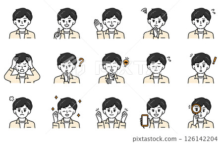 一組休閒小學生用臉部表情和姿勢表達情感的插圖 一組休閒小學生用臉部表情和姿勢表達情感的插圖 126142204