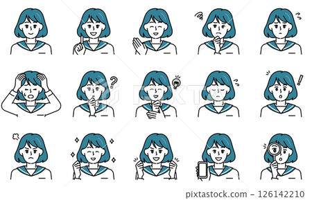 一組休閒的國中女生用臉部表情和姿勢表達情感的插圖 一組休閒的國中女生用臉部表情和姿勢表達情感的插圖 126142210