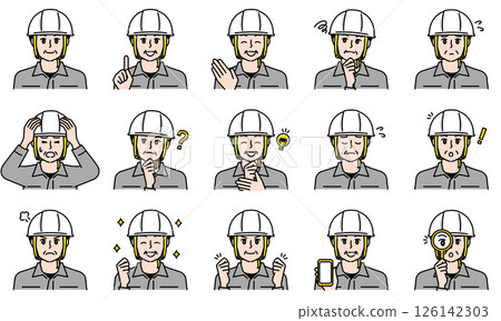 Illustration set of a man wearing work clothes and a helmet expressing emotions with facial expressions and poses 126142303