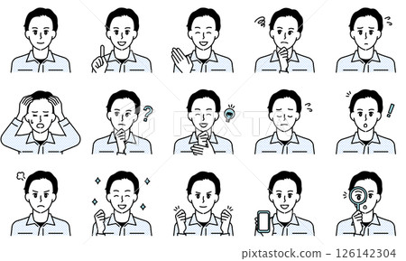 一組穿著制服的男人用臉部表情和姿勢表達情緒的插圖 一組穿著制服的男人用臉部表情和姿勢表達情緒的插圖 126142304