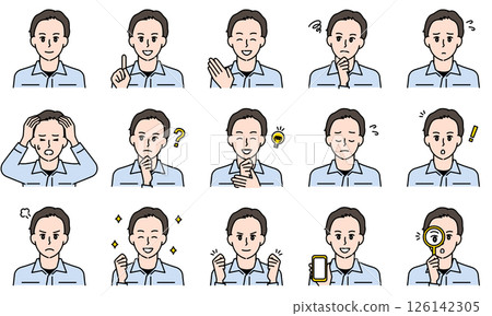一組穿著制服的男人用臉部表情和姿勢表達情緒的插圖 一組穿著制服的男人用臉部表情和姿勢表達情緒的插圖 126142305