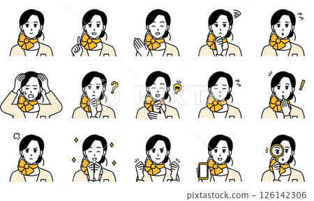 穿著制服的女人透過臉部表情和姿勢表達情緒的插圖集 126142306