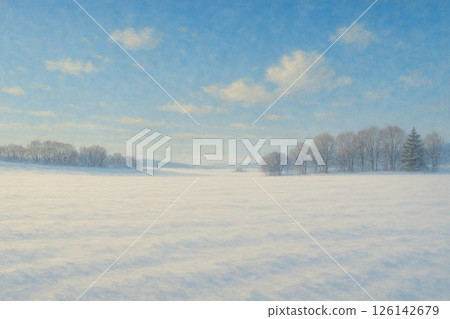 A carpet-like landscape: a snowy field covered in pure white snow (image of Biei, Hokkaido) 126142679