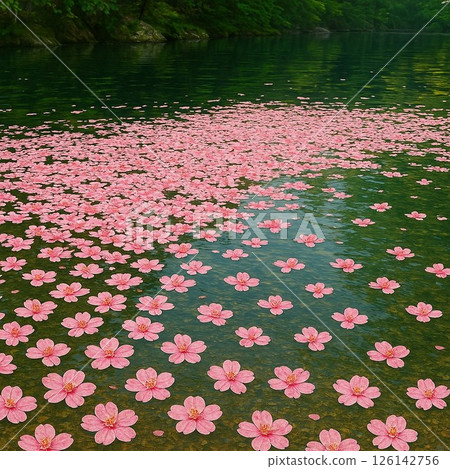 Carpet-like scenery: Fallen petals float on the surface of the lake, creating a pink carpet (image of a flower raft in Okutsukei, Okayama Prefecture) 126142756