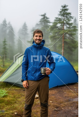 Happiness is being alone with yourself. A bearded Caucasian man enjoys a morning mug near his tent, alone with nature. The breath of the morning foggy forest and the spirit of freedom. 126142950