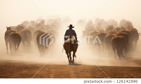 Cattle drivers. A man in a cowboy hat while driving a herd of horses. Portrait of a man on a horse. Hard work on the dusty prairies. Cattle drivers. A man in a cowboy hat while driving a herd of horses. Portrait of a man on a horse. Hard work on the dusty prairies. 126142990